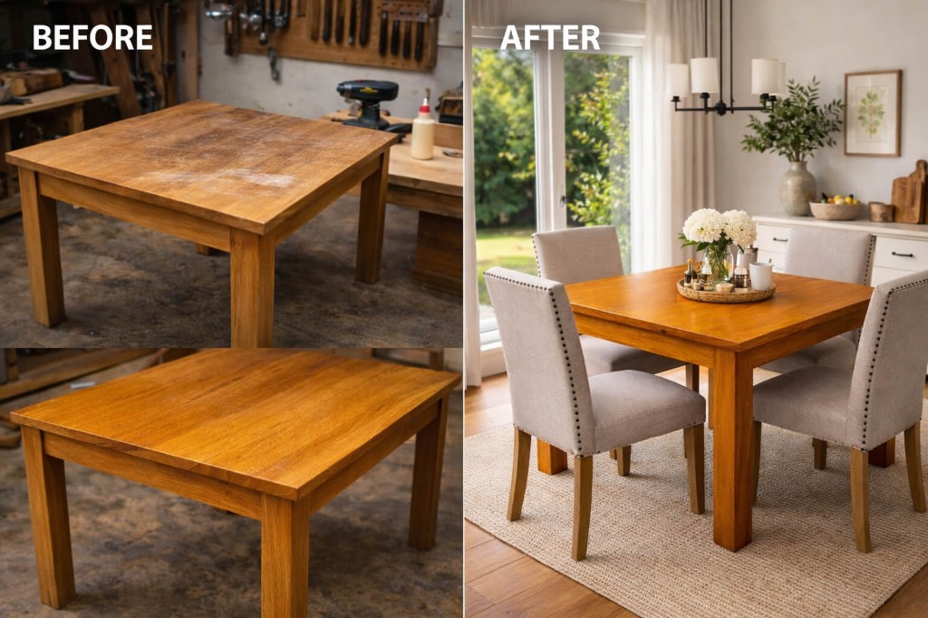 Before and after of a refinished wooden table, from workshop condition to a finished dining room centerpiece